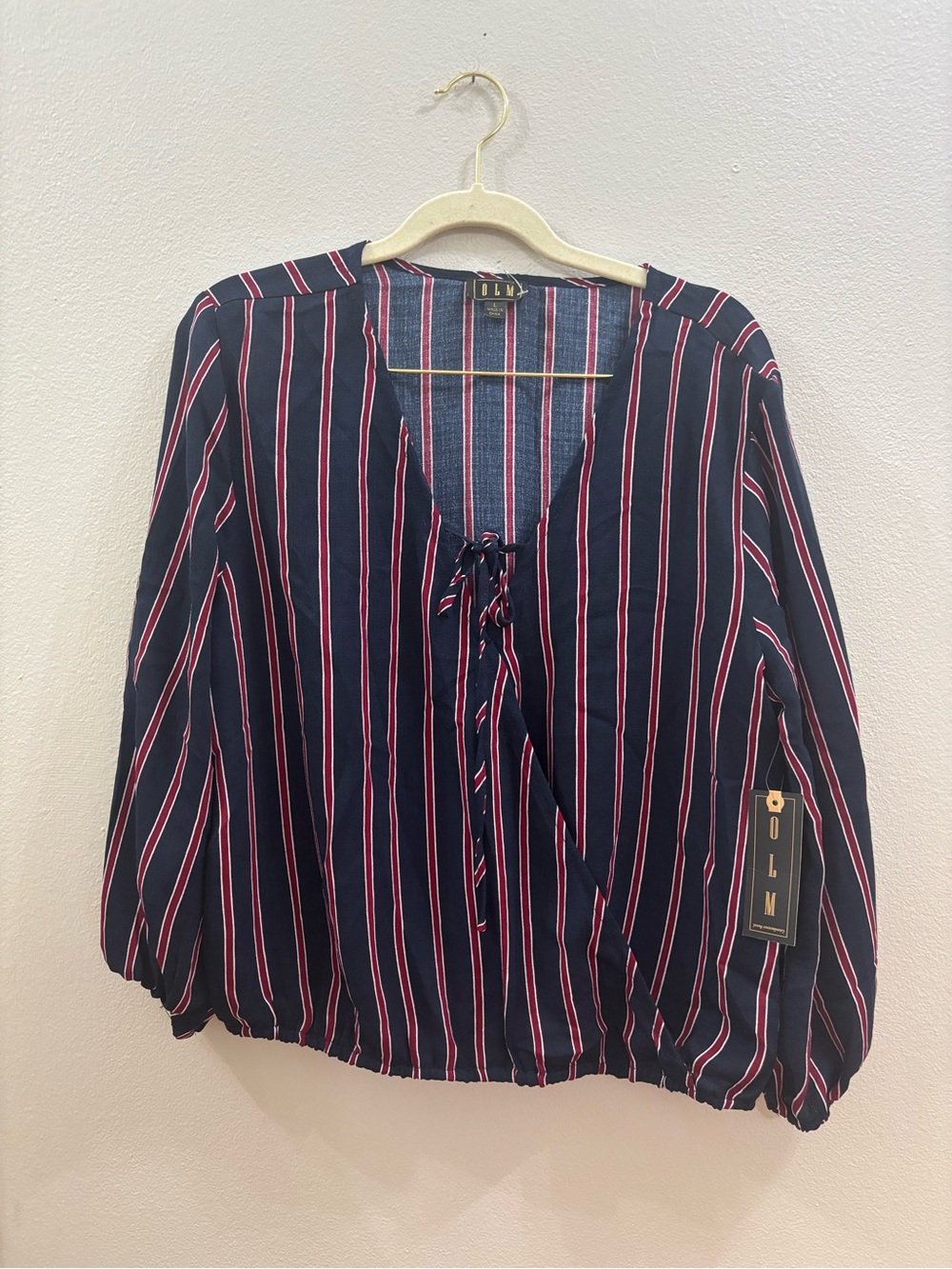 Navy Striped Tie-Front Blouse with Red & White Stripes